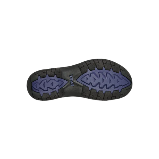 Black shoe sole with purple logo on a white background