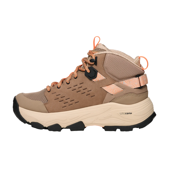 Brown hiking boot with orange accents on a white background