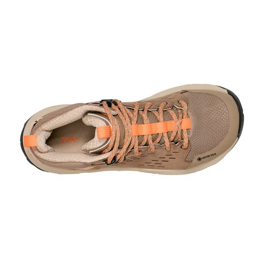 Tan hiking shoe with orange accents on a white background