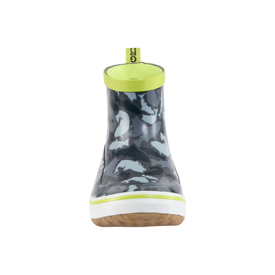 Camouflage-patterned rain boot with a bright yellow trim on a white background