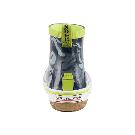 Clear rain boot with camouflage pattern and green accents on a white background