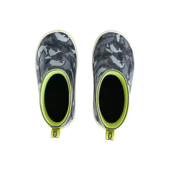Pair of gray camouflage shoes with green sole on a white background
