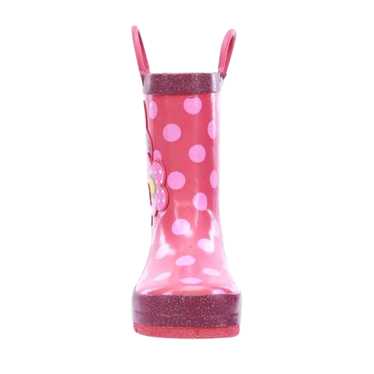 Pink polka dot rain boot with a glittery trim on a white background