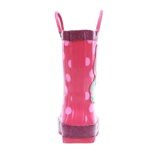 Pink polka dot rain boot with clear sole on a white background