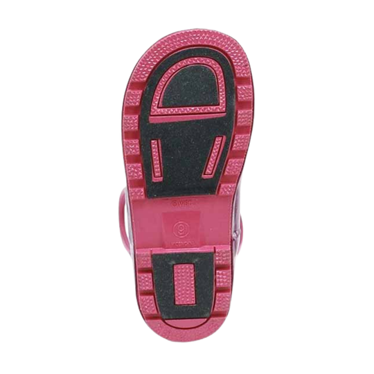 Close-up of a pink sandal sole with black accents on a white background