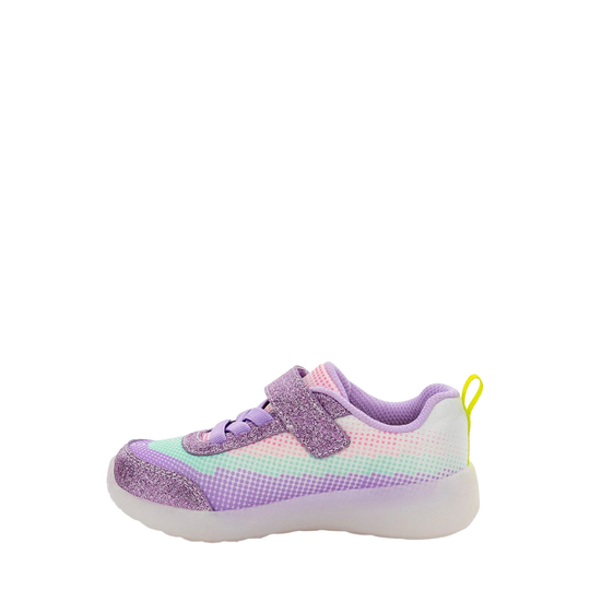 Children's shoe with purple and pink accents on a white background