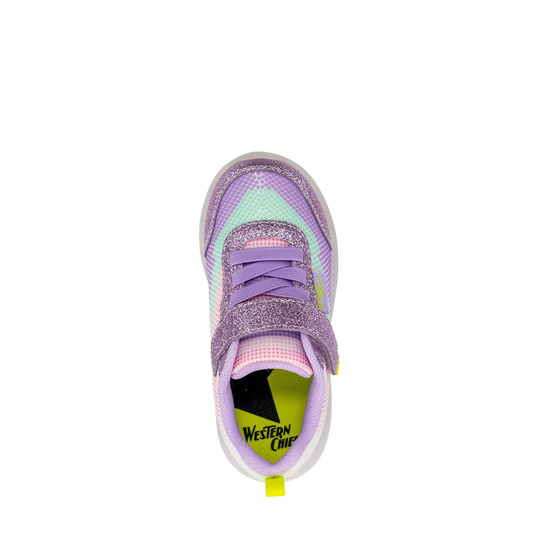 Children's sneaker with purple and pink accents on a white background
