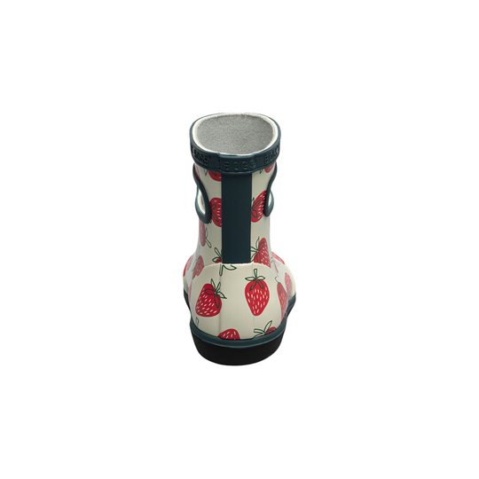 Children's rain boot with strawberry pattern on a white background