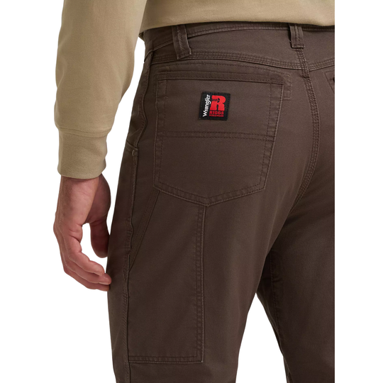 Brown pants with a visible brand logo on the pocket against a white background