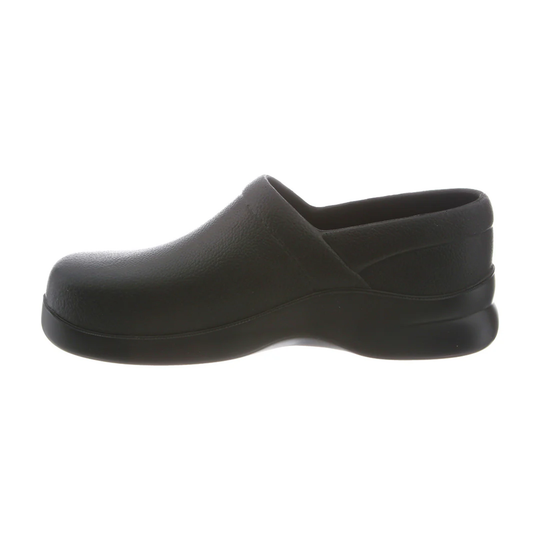 Black clog shoe on a white background