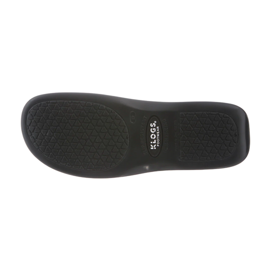 Black shoe outsole with textured tread and Klogs Footwear logo