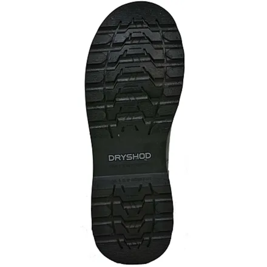 Black boot sole with deep tread and visible DRYSHOD branding