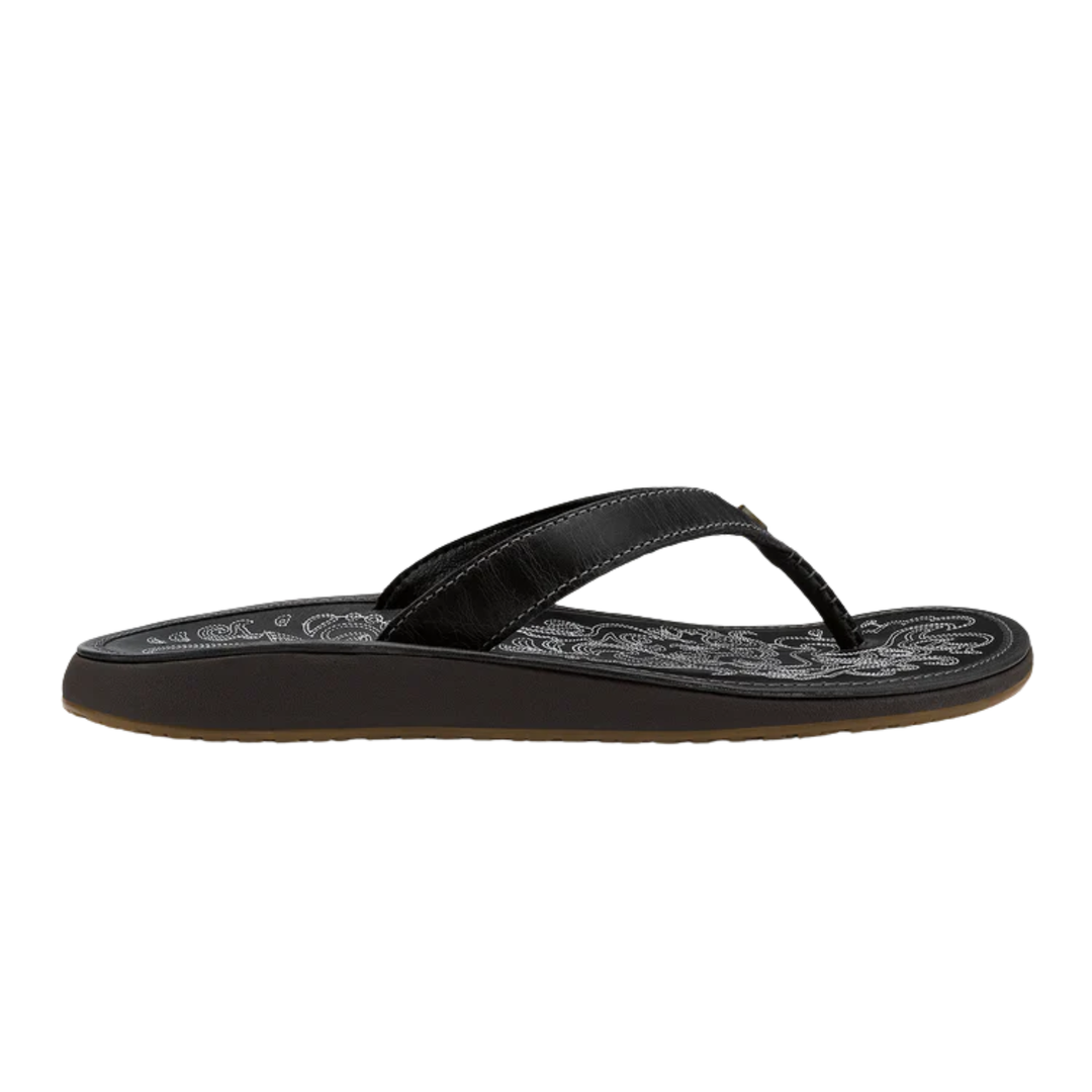 Black sandal with a decorative sole on a white background