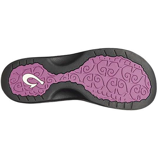 Black and purple sole of a shoe with a white logo on a white background