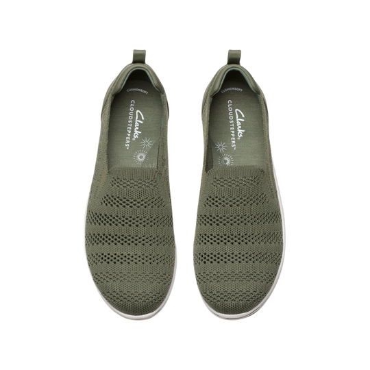 Pair of olive knit slip-on shoes with white soles, seen from above
