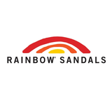 Logo of Rainbow Sandals with a red, orange, and yellow arch on a white background