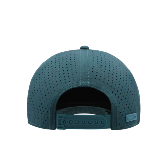 Teal baseball cap with perforated design on a white background