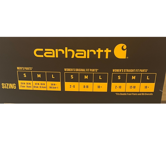 Carhartt sizing chart on a white background