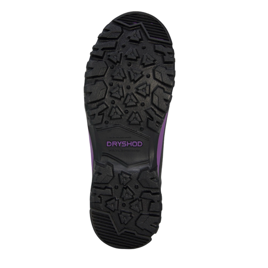 Black boot outsole with purple side accents and Dryshod branding