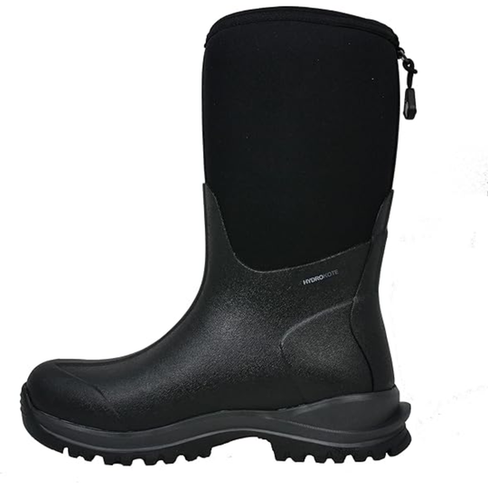 Black rubber boot with a visible brand logo on a white background