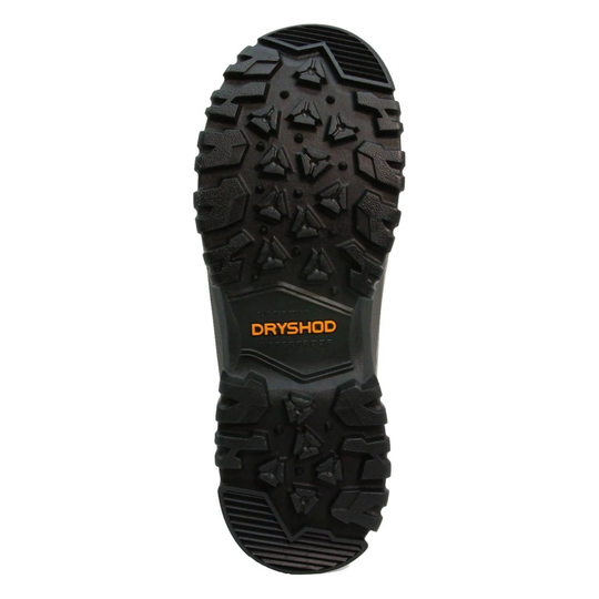 Close-up of a black boot sole with 'Dryshod' branding on a white background