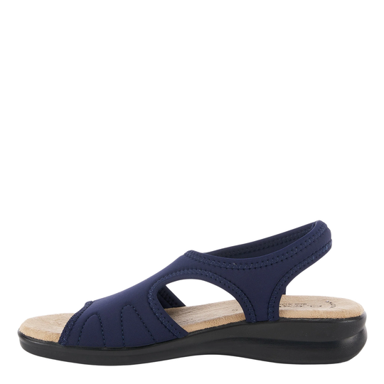 Navy blue sandal with a wooden sole on a white background