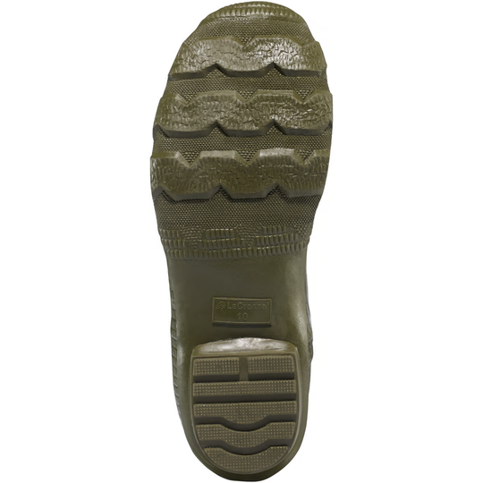 Green rubber boot sole with tread pattern on a white background