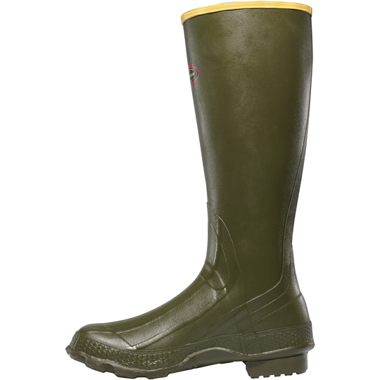 Green rubber boot with a yellow top on a white background
