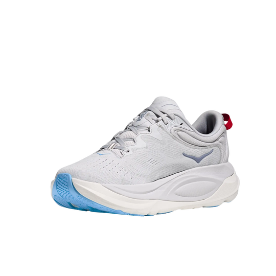 grey running shoe with blue sole on a white background