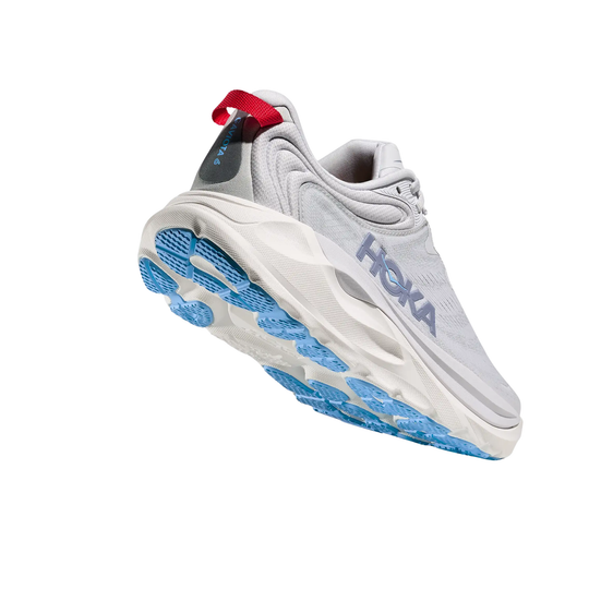 grey running shoe with blue sole on a white background