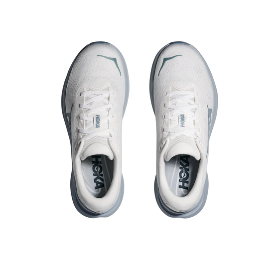 White running shoes with blue accents on a white background