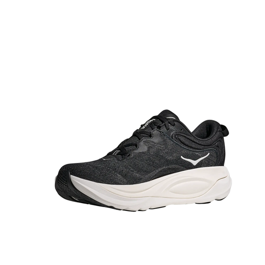 black hoka shoe with white sole