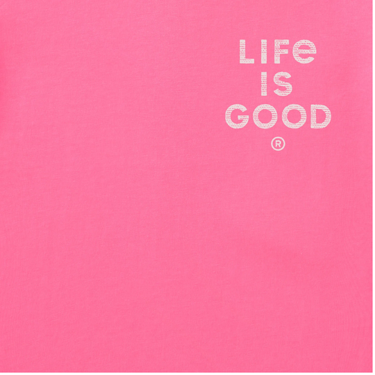 Pink garment close-up with white "LIFE IS GOOD" text print