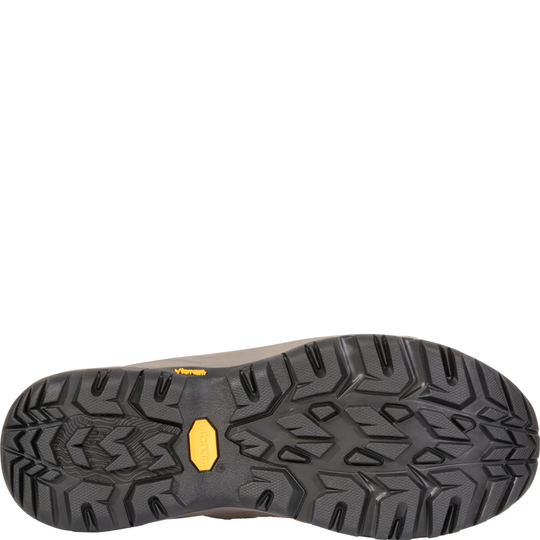 black tread with yellow vibram logo in the center