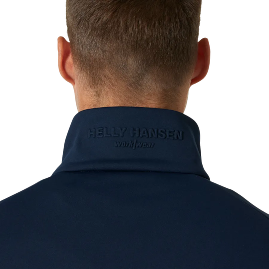 back of blue neck collar with helly hansen logo printed