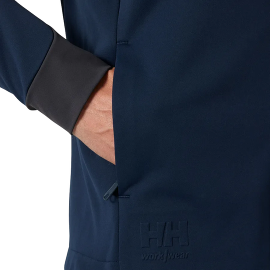 side hand pocket blue jacket with helly hansen logo on bottom