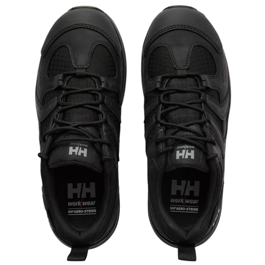 Top view of black low-cut work shoes with laces and visible HH workwear and HH Aero-Stride branding
