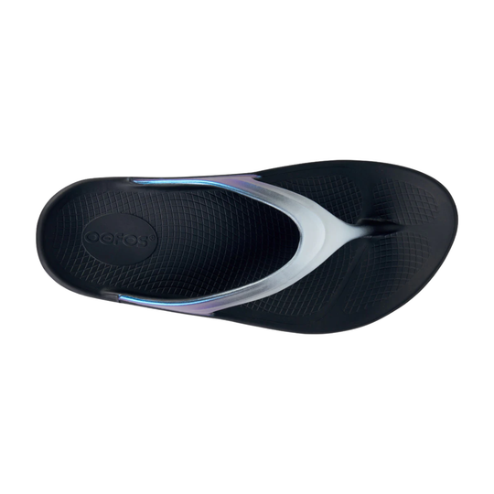 black flip flop with hue of blue