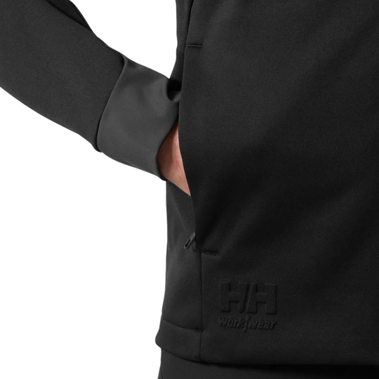 Black hooded jacket side hand pocket