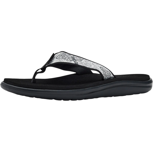 Black sandal with a silver toe strap on a white background