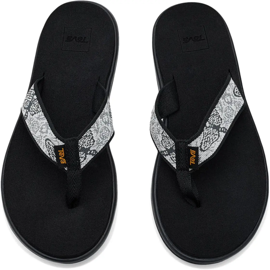 Black flip-flops with white patterned straps on a white background