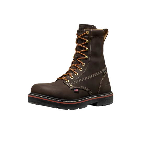 Brown leather boot with black sole on a white background