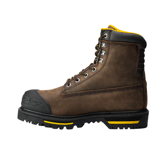 Brown work boot with black sole and yellow accents on a white background