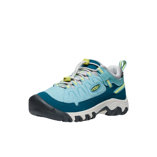 Blue and green sneaker with brand logo on a white background