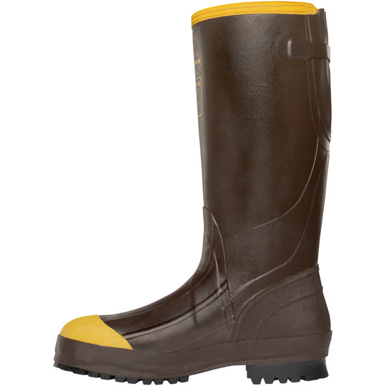 Brown rubber boot with yellow top on a white background