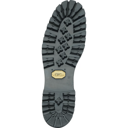 Close-up of a boot sole with a brand logo on a white background