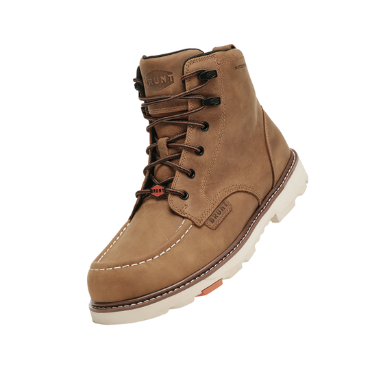 Brown leather boot with laces on a white background