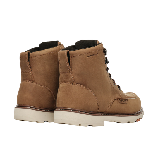 Pair of brown boots with white soles on a white background