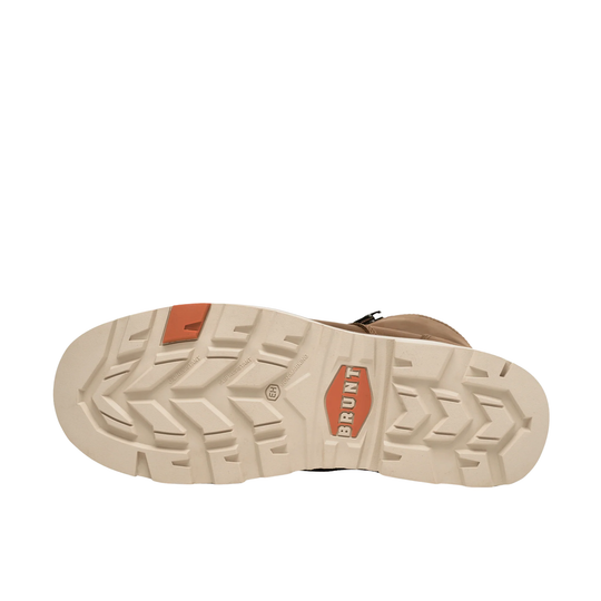 Close-up of a boot sole with 'Brunt' branding on a white background