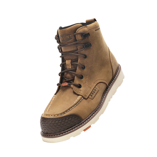 Brown leather boot with brand name on a white background